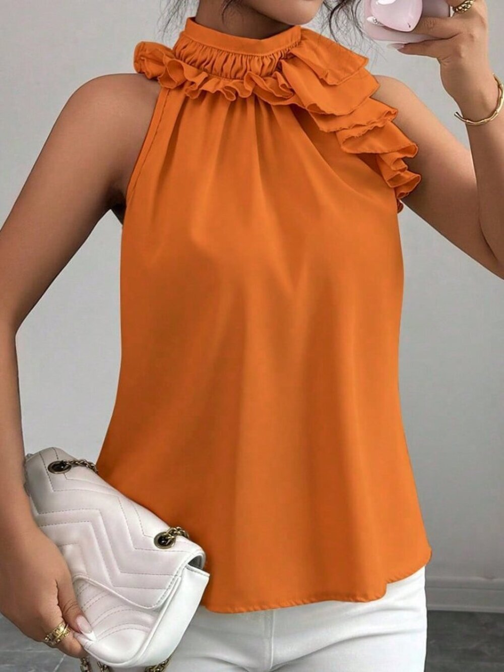 Orange Casual Women's Ruffle Sleeveless Blouse - Picture 5 of 7